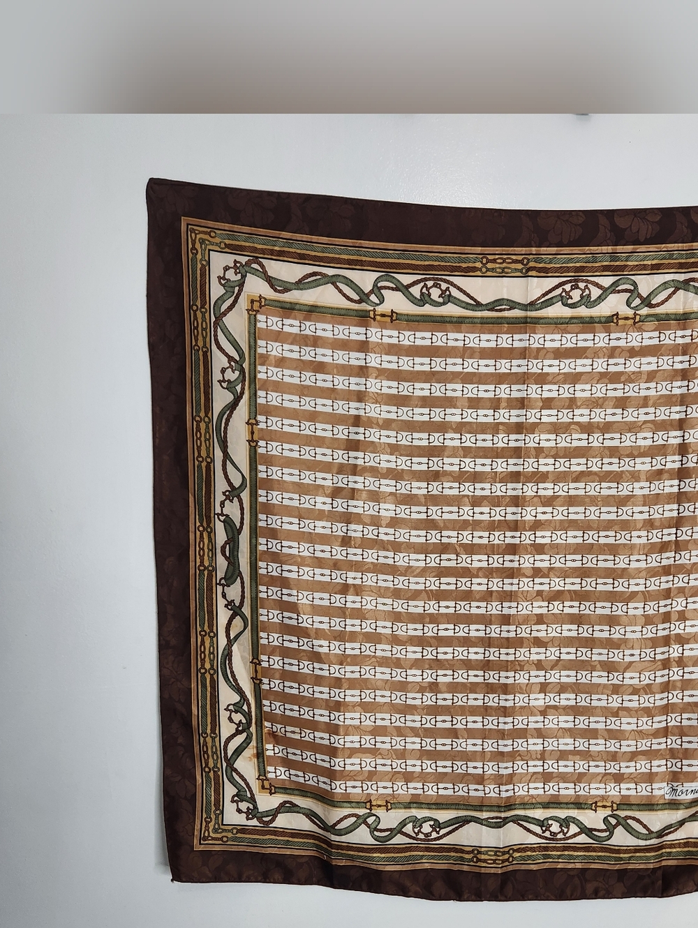 Vintage Morning 50 Square Scarf Equestrian Horse Bit Rope Brown Green 33x33